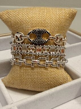 Bomb Party NWOT! Silver Multi-Chain Crystal Accent Bracelet Set - Black & Silver